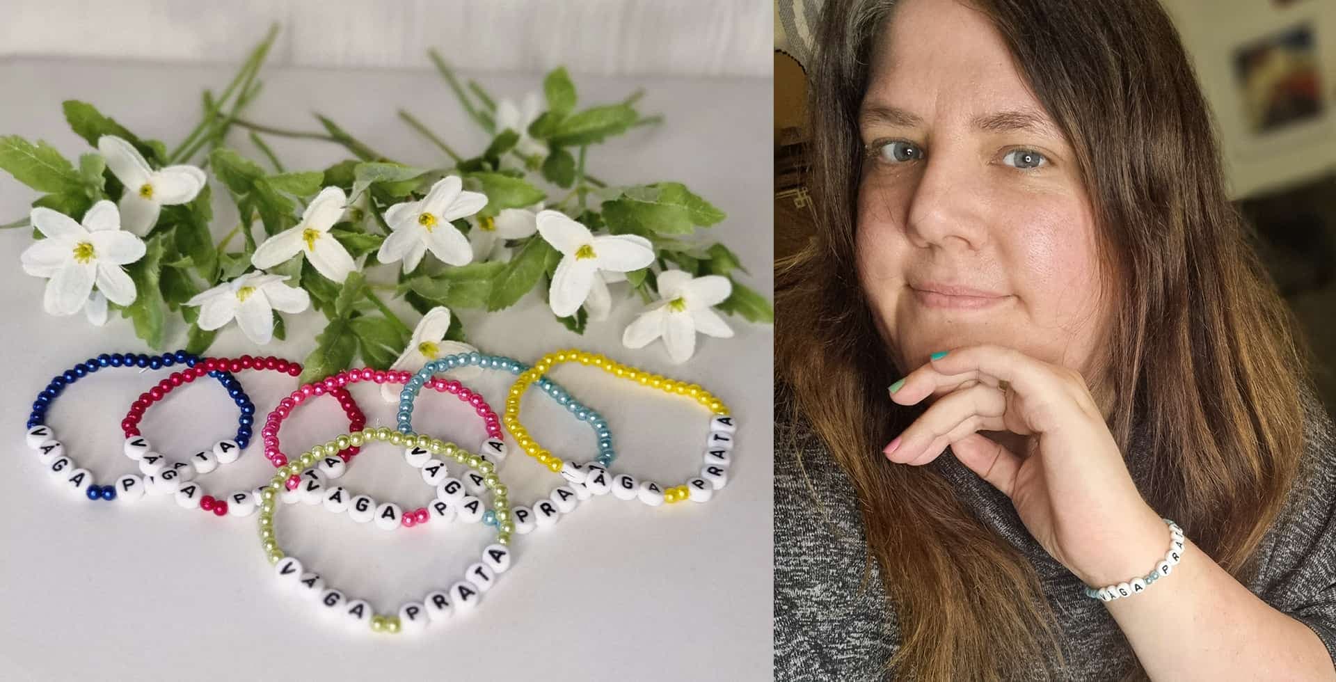 En delad bild på Våga Prata-armband som ligger bredvid blommor och ett porträtt på Marica Oscarsson som har en egen insamling till hjärnforskningen.