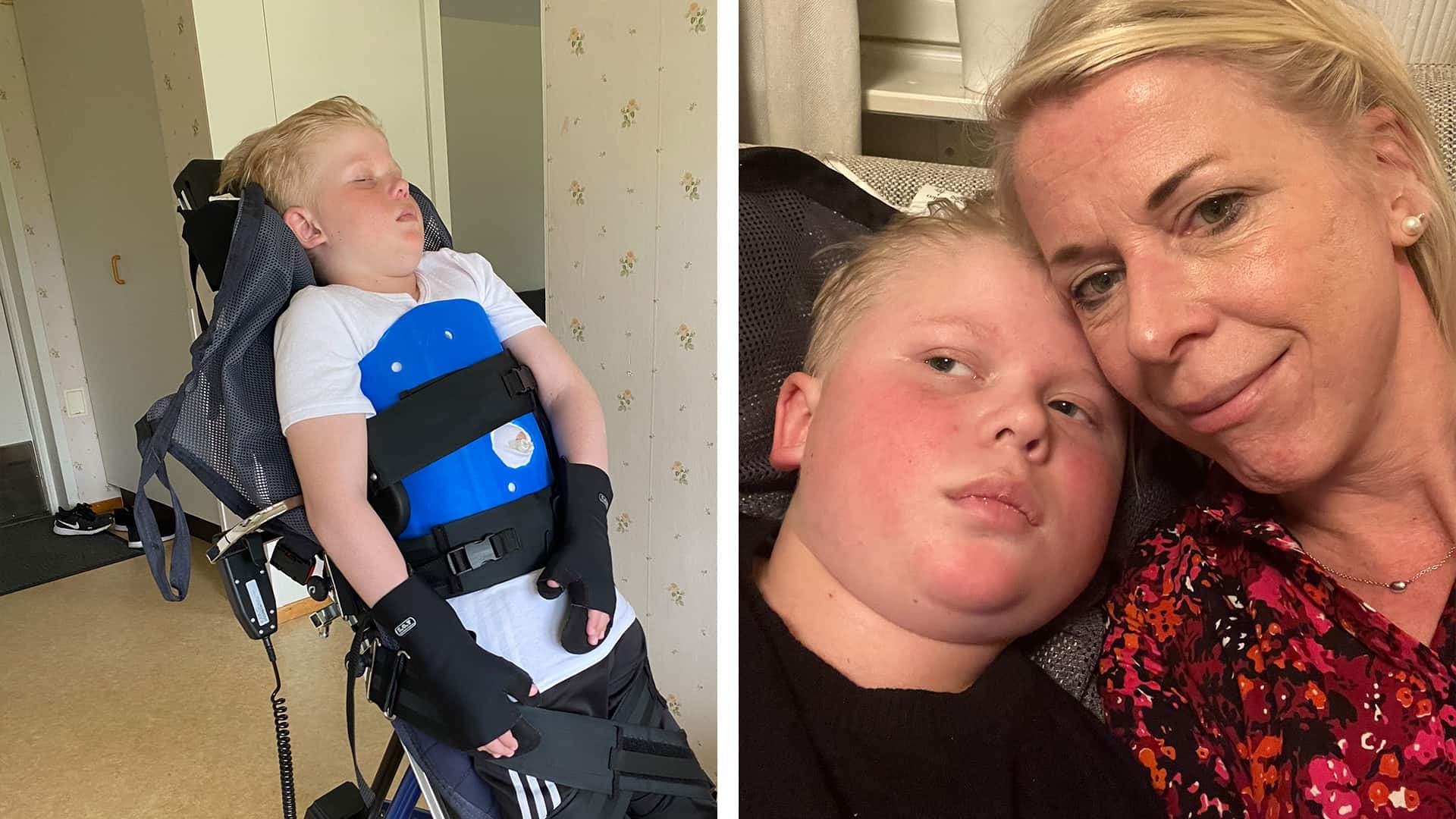 Johanna Bösseborns son Gustav i rullstol och ett porträtt på båda två tillsammans.