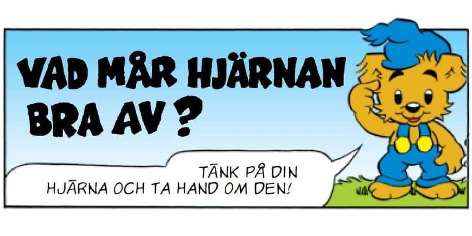 Bild med texten "Vad mår hjärnan bra av?" och figuren Bamse som pekar med finger mot sitt huvud och säger "Tänk på din Hjärna och ta hand om den!"