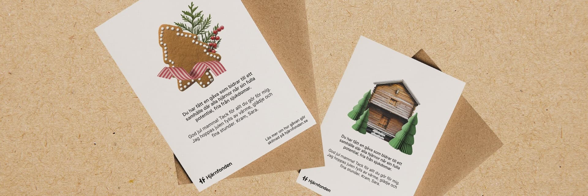 En bild på två gåvobevis från Hjärnfonden. En julklapp till välgörenhet.