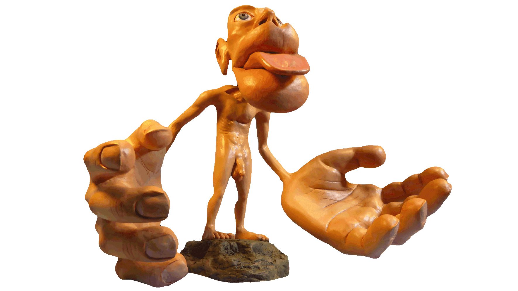 Illustration av en naken man med stort huvud och stora händer.