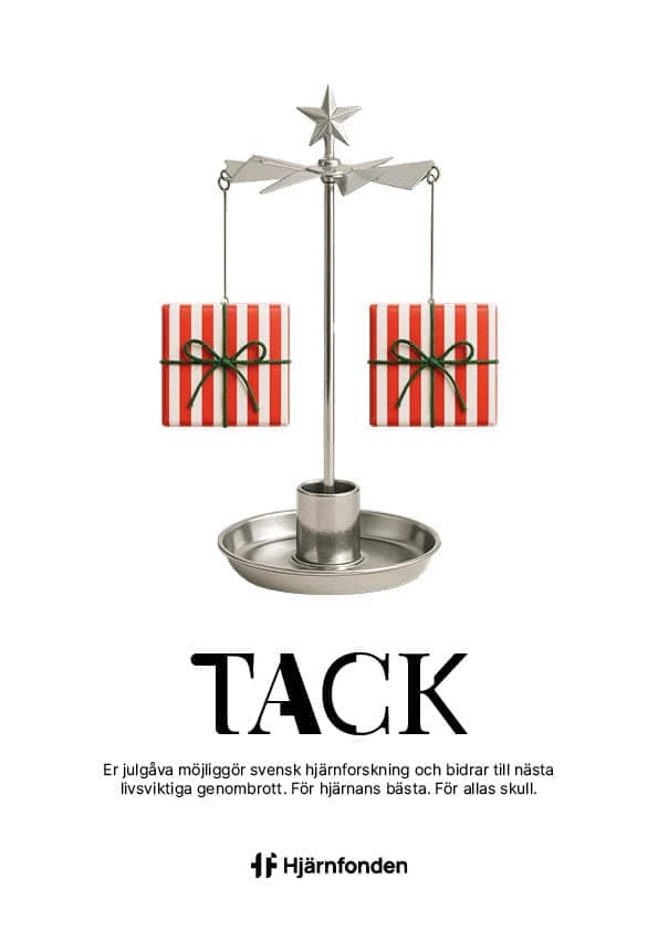 Diplom som går ut till företag som ger julgåva. På bilden är ett änglaspel som har presenter istället för änglar hängandes. Under änglaspel är texten: Tack, Er julgåva möjliggör svensk hjärnforskning och bidrar till nästa livsviktiga genombrott. För hjärnans bästa. För allas skull.