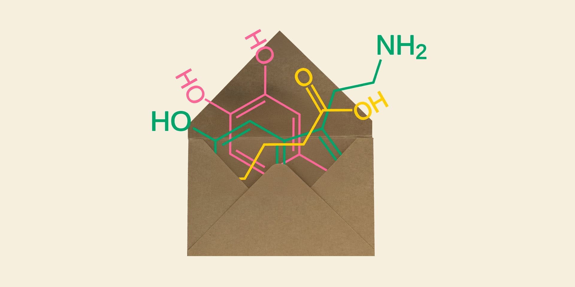 Kollage med kemiska molekyler som sticker upp ur ett kuvert.