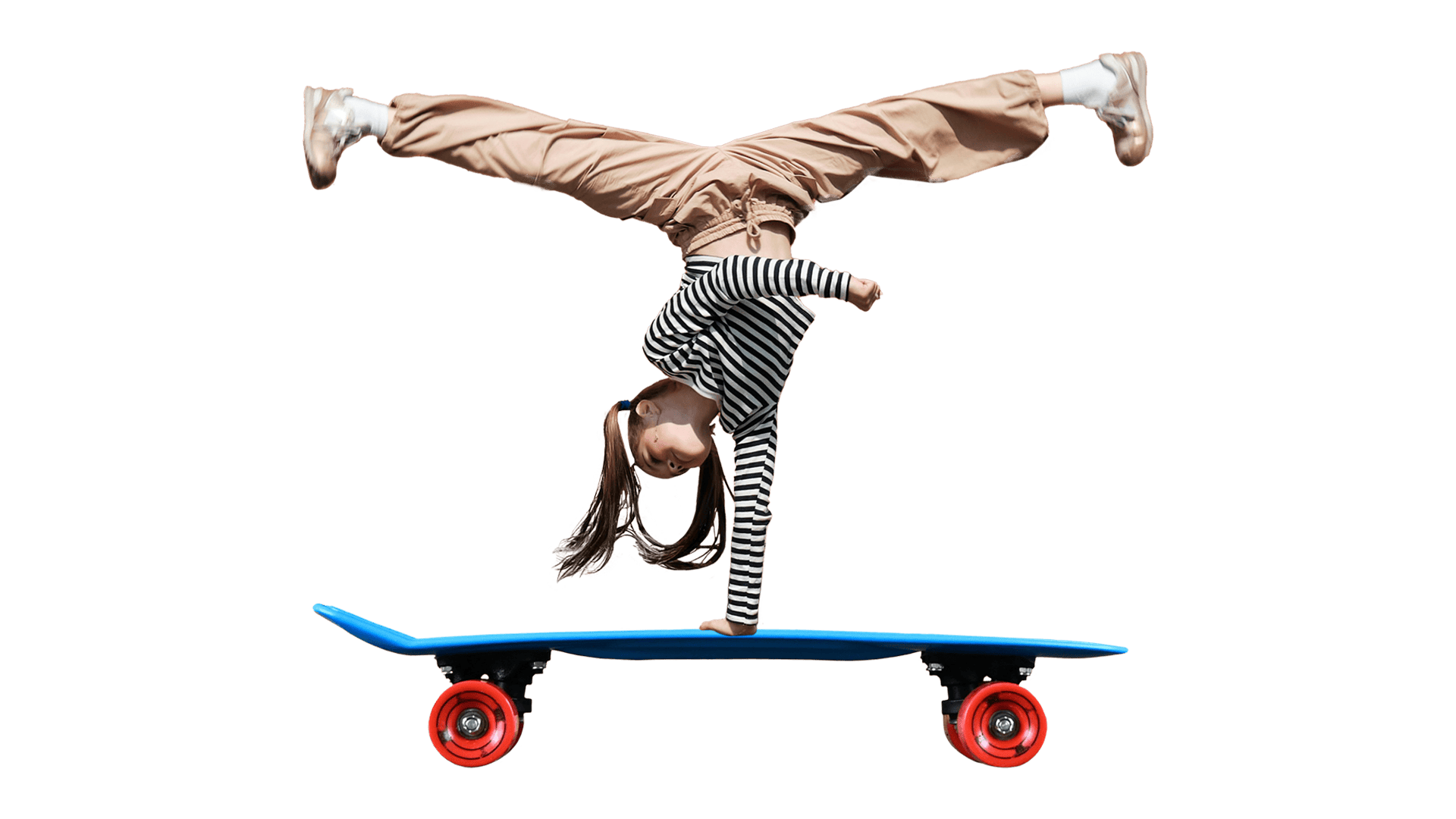 Kollage med ett barn som gör handstående på skateboard.