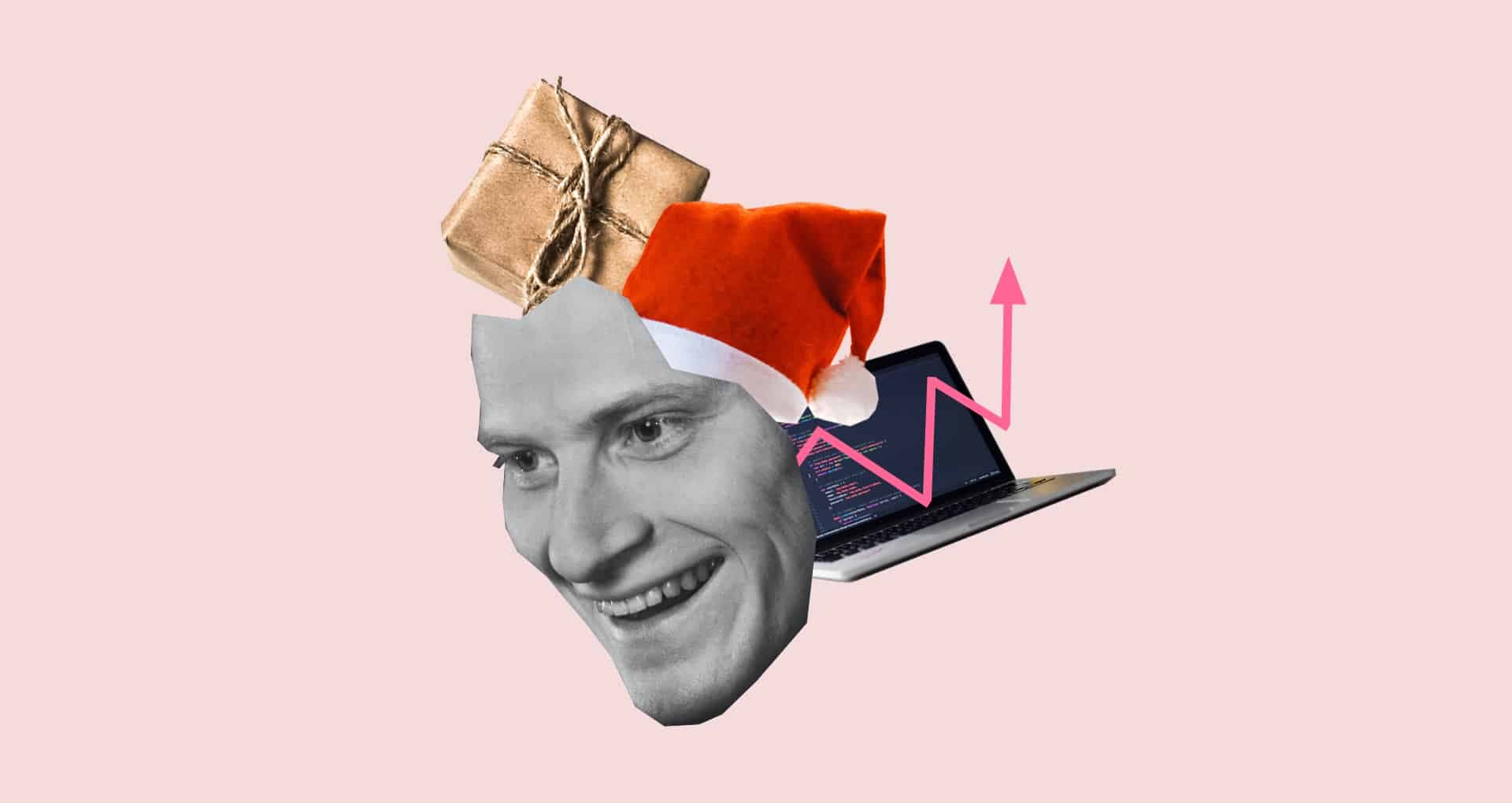 Kollage för att bildsätta julstress på arbetsplatsen och hemmet. Ett utklippt ansikte med ett paket, en tomteluva, dator och diagrampil bakom.