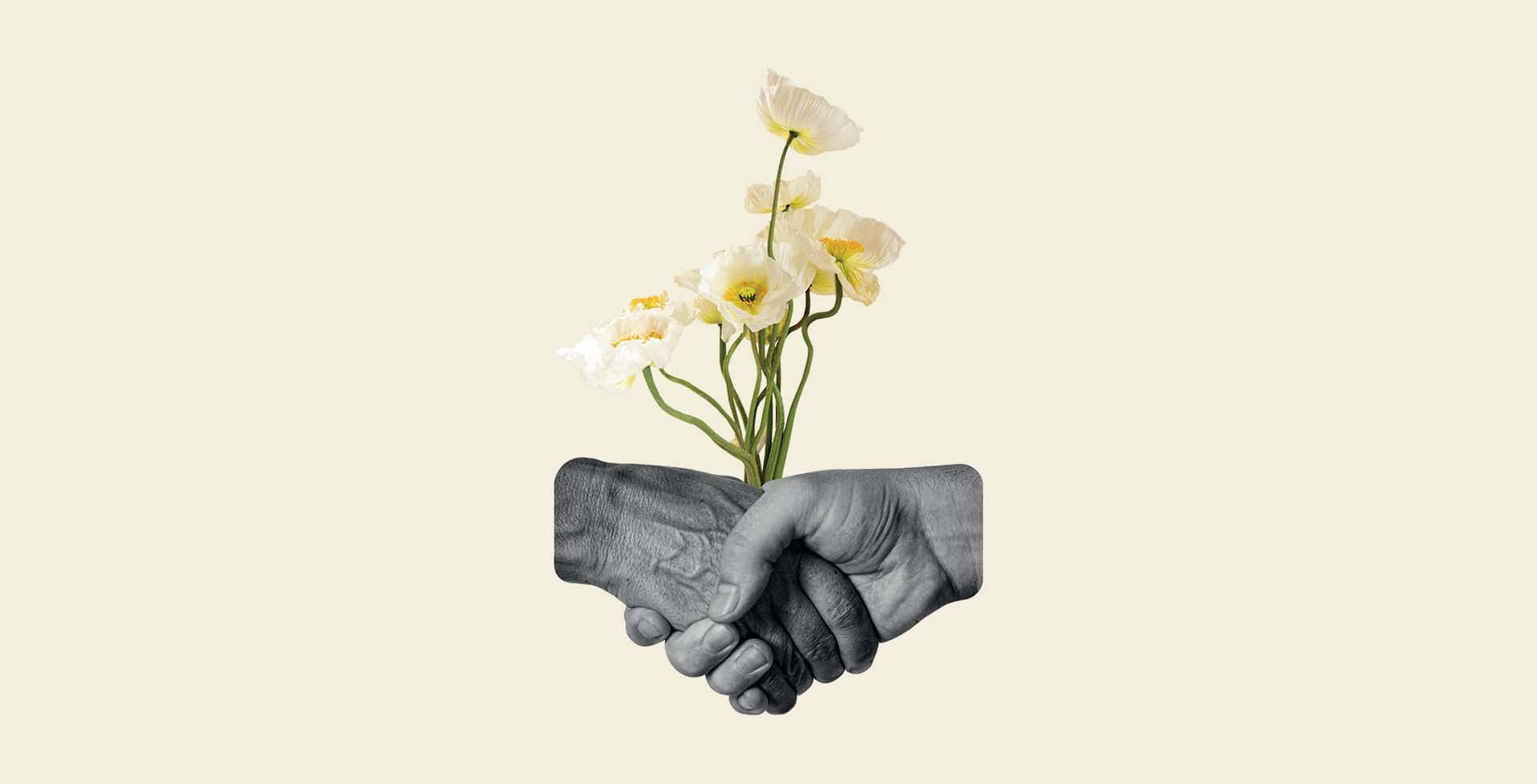 Ett kollage med två händer och en bukett blommor mot beige bakgrund.