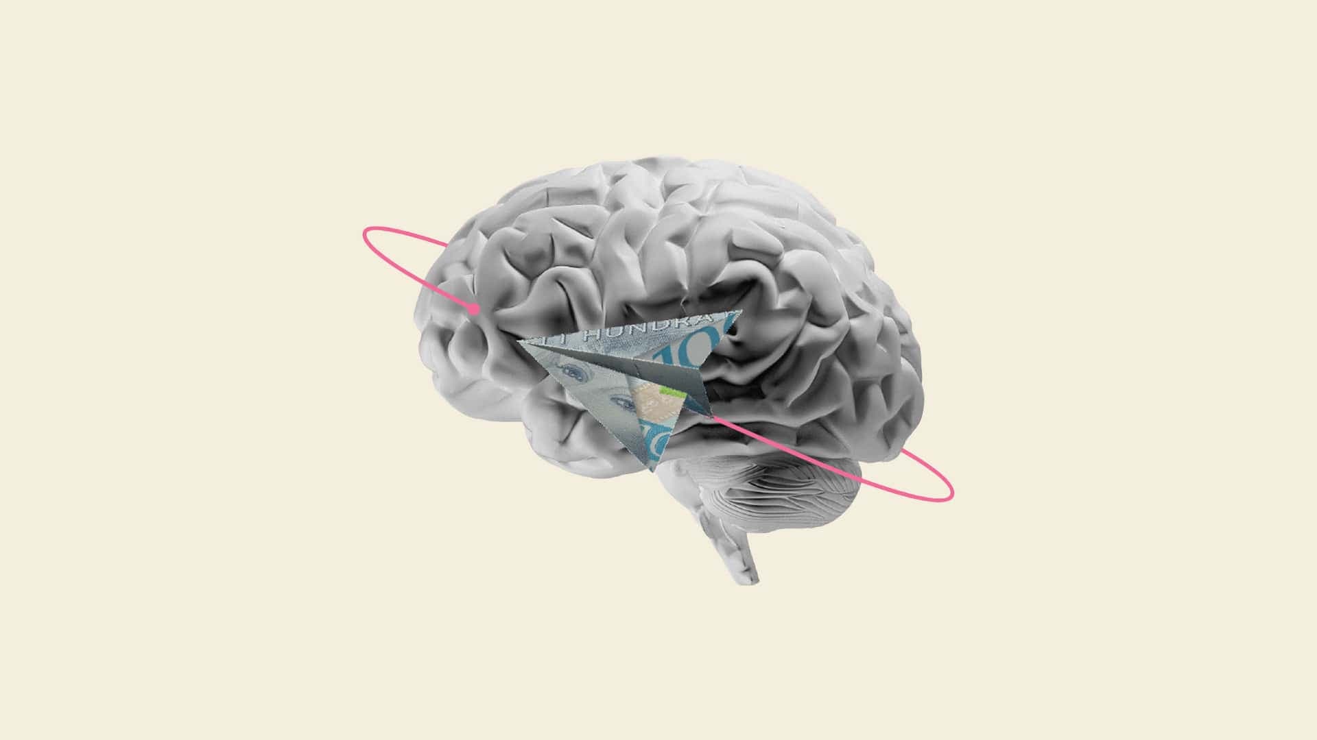 Ett kollage som kombinerar en hjärna med ett pappersflygplan gjort av en hundralapp mot beige bakgrund