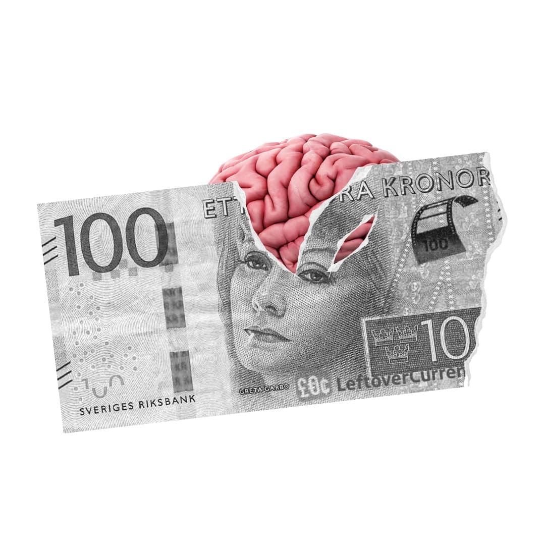 Ett kollage med en 100-kronorssedel och en hjärna.