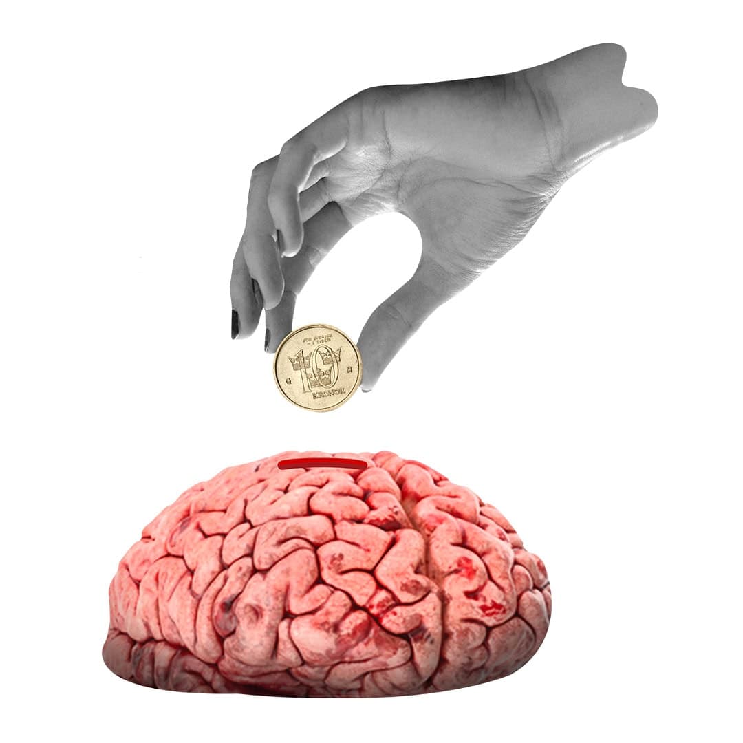 Ett kollage med en hand, ett mynt och en hjärna.