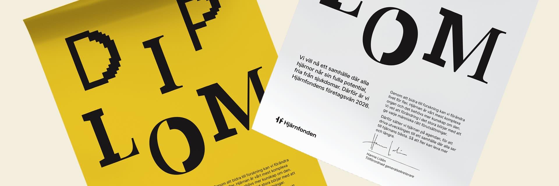 Ett gult och ett vitt diplom med text och Hjärnfondens logotyp.
