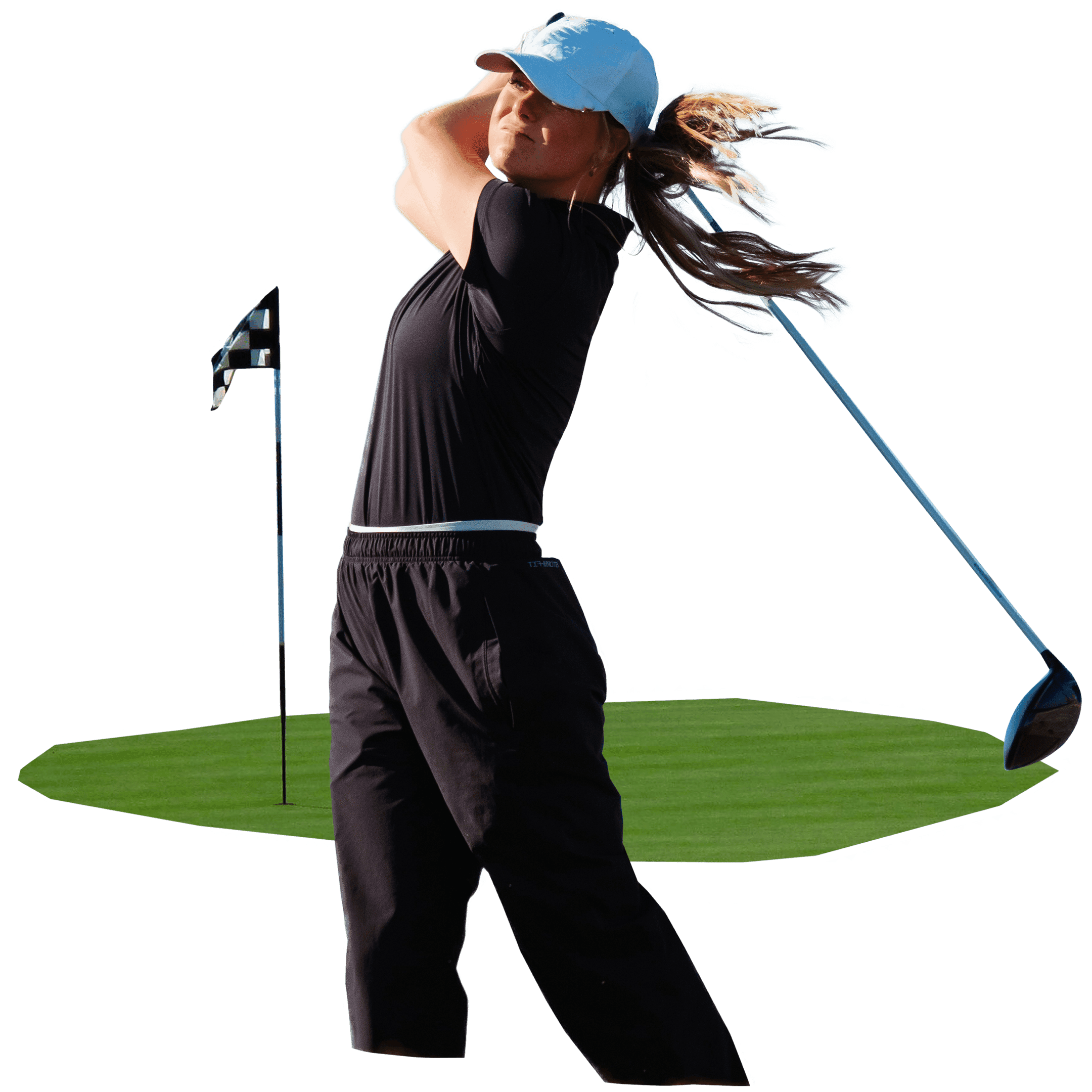 Kollage med golfspelare som slår ett slag med en green i bakgrunden.