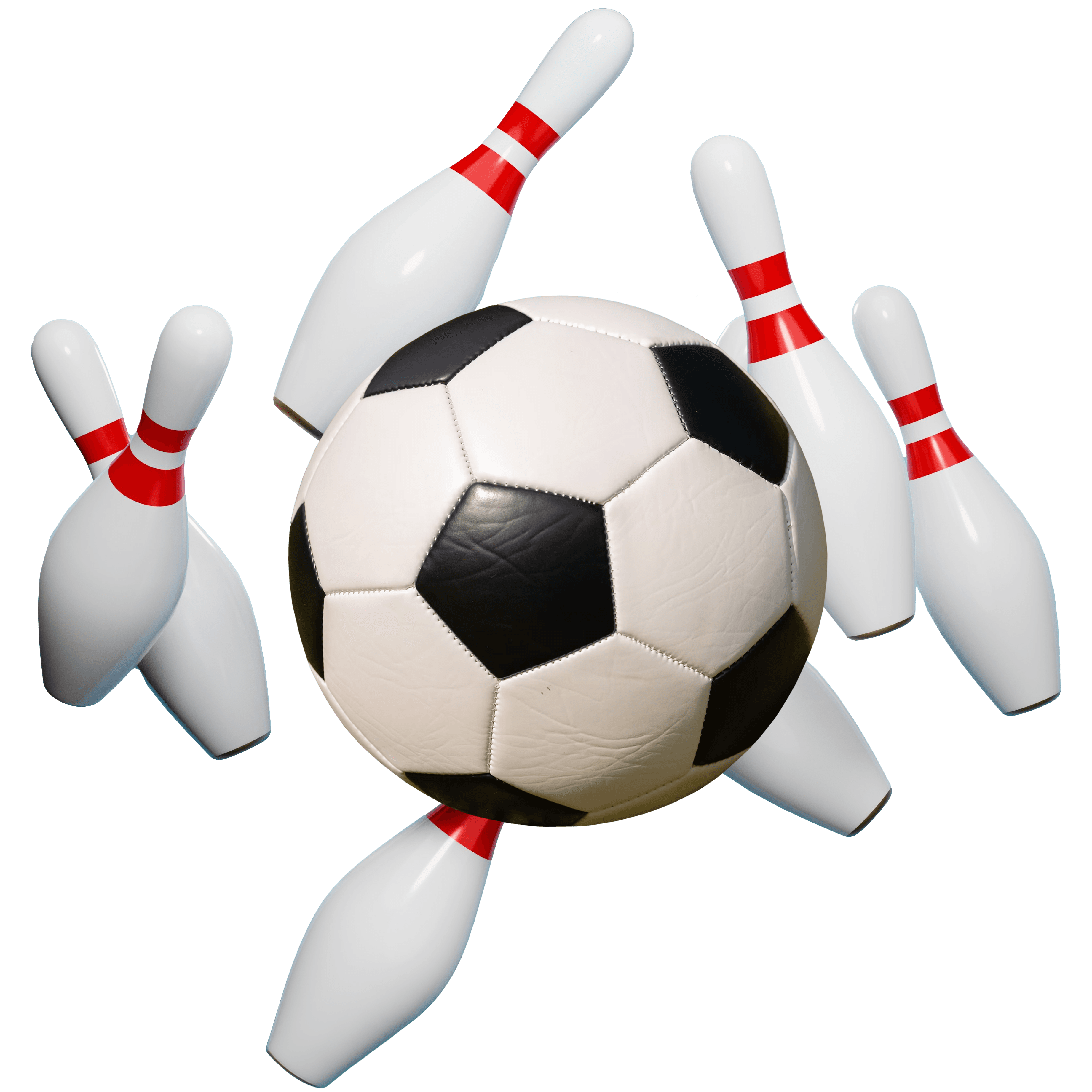 Kollage med fotboll och bowlingkäglor.