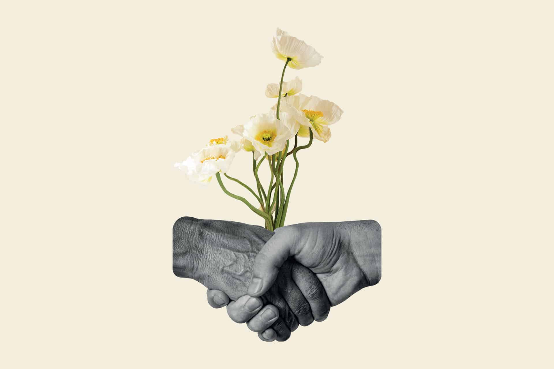 Ett kollage med två händer och en bukett blommor mot beige bakgrund.