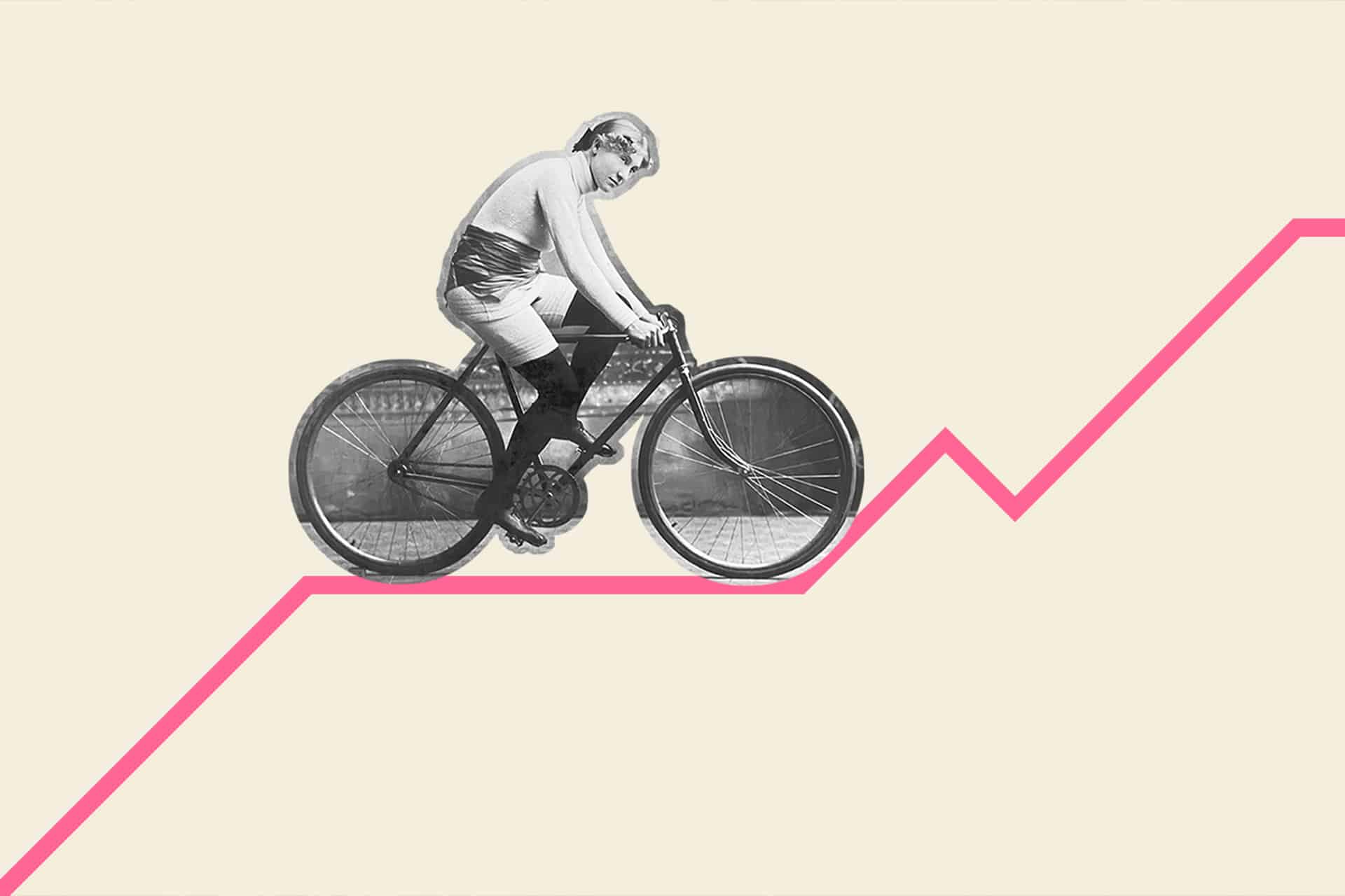 En urklippt gammal bild på en kvinna som cyklar på en rosa linje bot beige bakgrund.