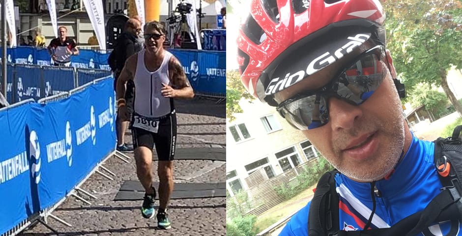 En man syns dels springande, dels med cykelhjälm.