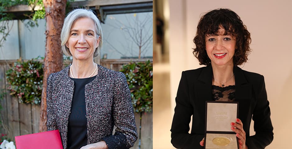 Nobelpriset i kemi går i år till två kvinnor, Jennifer Doudna (tv) och Emmanuelle Charpentier (th)