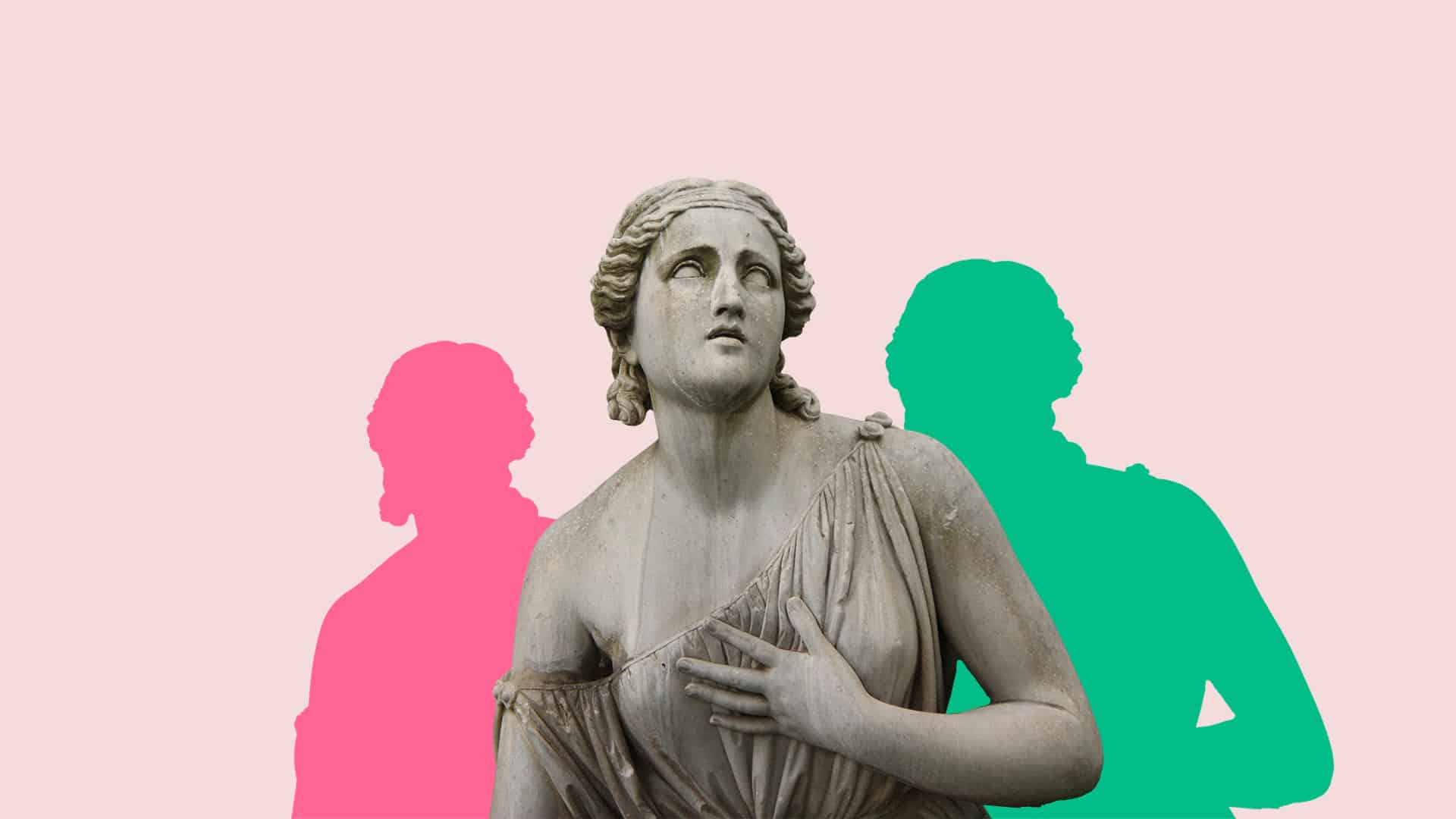 En kvinnlig staty med två siluetter i bakgrunden i färgerna rosa och grön