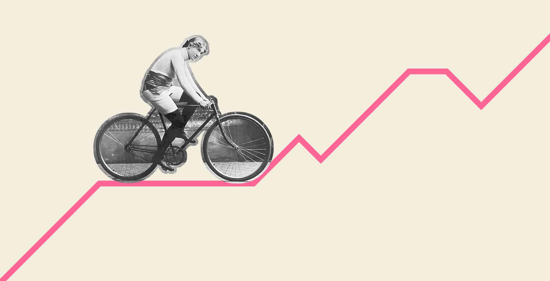 En urklippt gammal bild på en kvinna som cyklar på en rosa linje bot beige bakgrund.