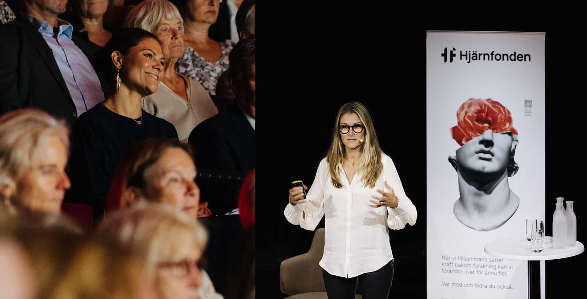 Kronprinsessan Victoria sitter i publiken när Lotta Borg Skoglund föreläser om ADHD på Hjärnans Dag 2022.