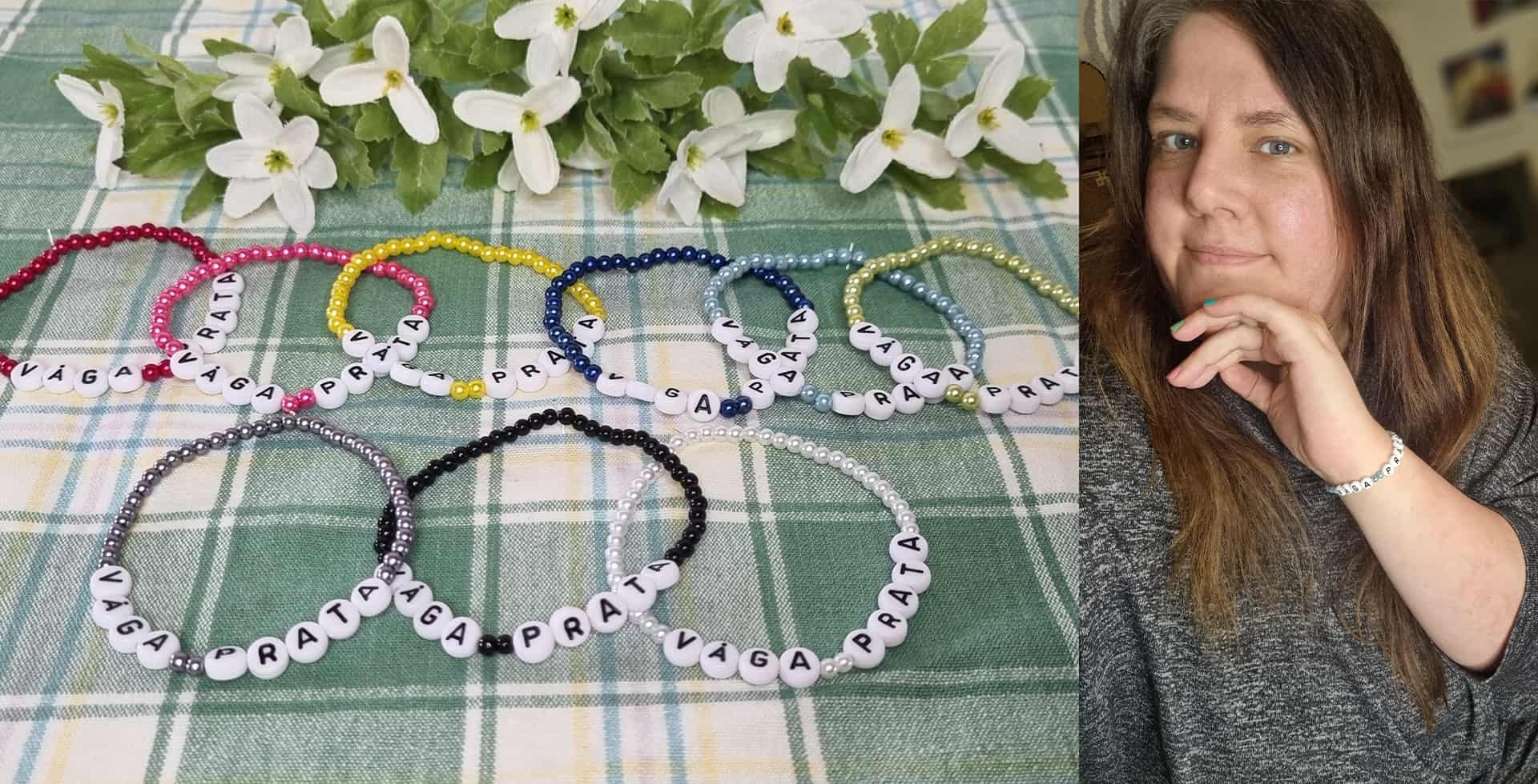 En delad bild på Våga Prata-armband och ett porträtt på Marica Oscarsson som har en egen insamling till hjärnforskningen.